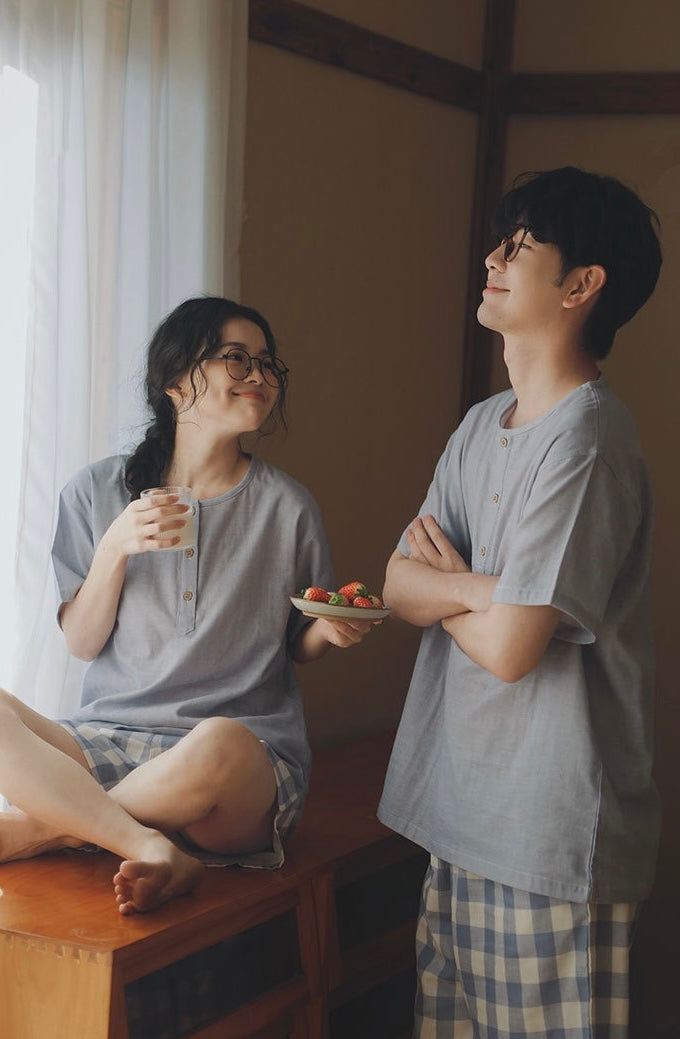 Matching Cotton Gauze Couple Pajama Set | Sky Blue Breathable Summer Sleepwear