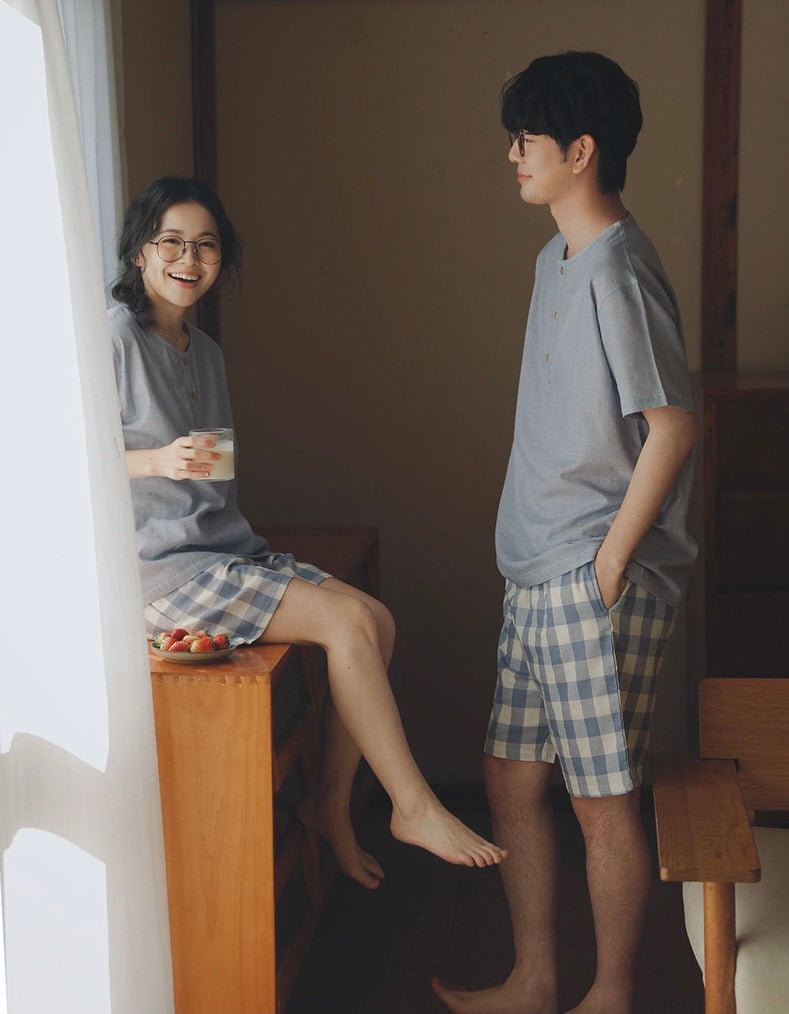 Matching Cotton Gauze Couple Pajama Set | Sky Blue Breathable Summer Sleepwear