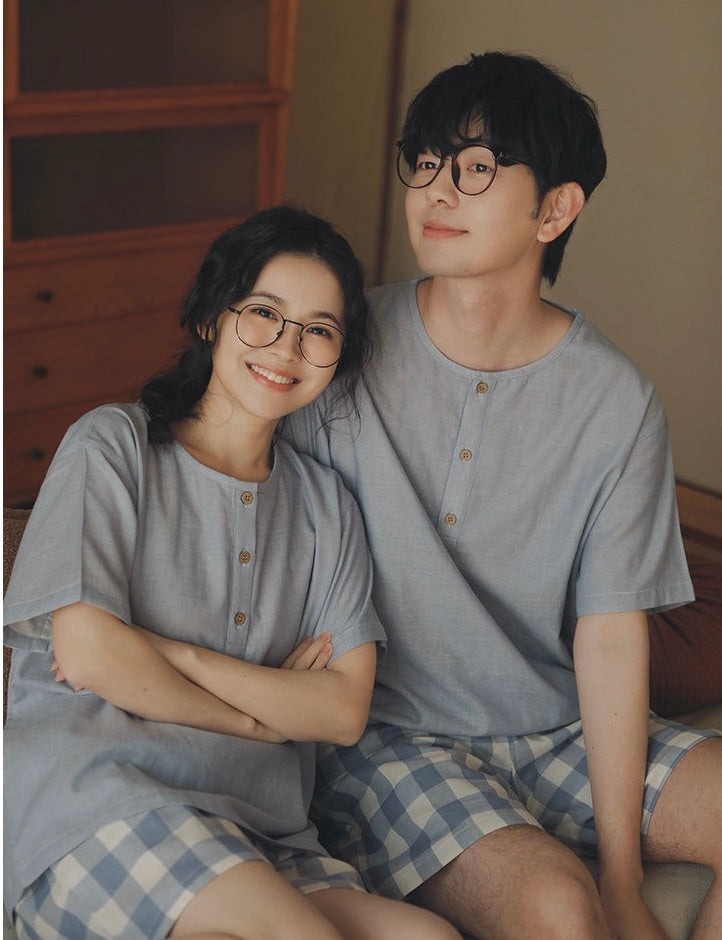 Matching Cotton Gauze Couple Pajama Set | Sky Blue Breathable Summer Sleepwear