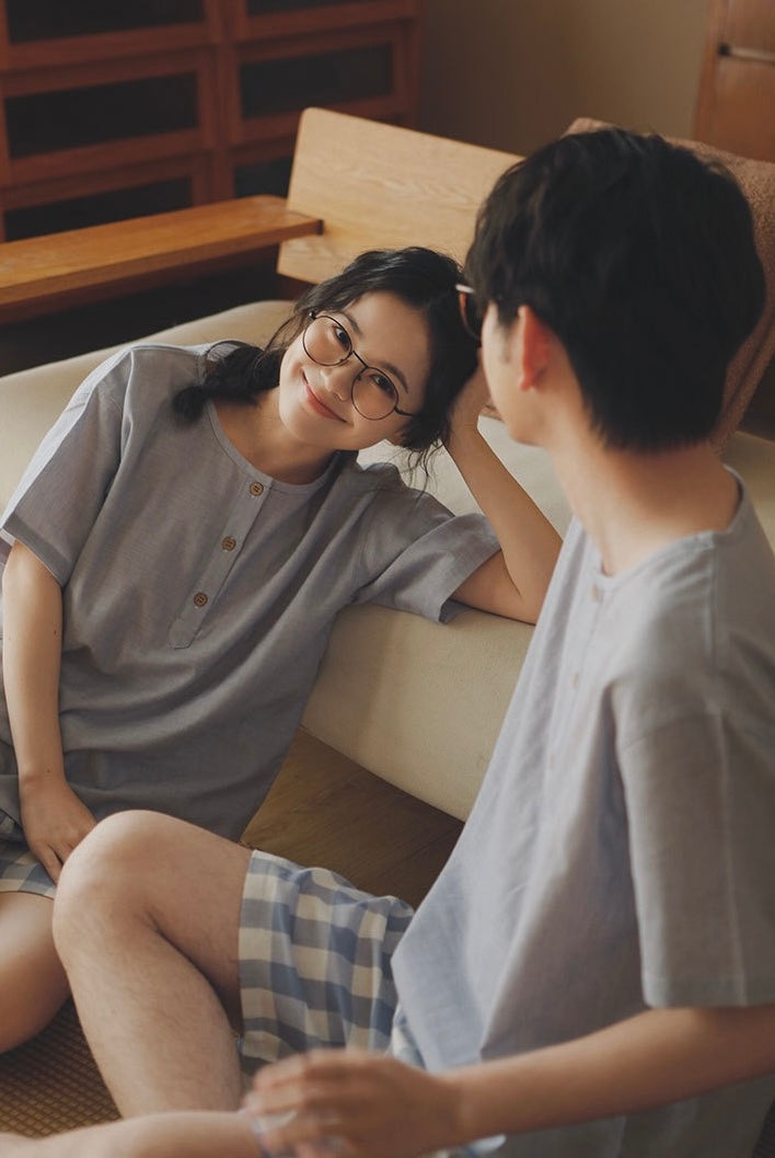 Matching Cotton Gauze Couple Pajama Set | Sky Blue Breathable Summer Sleepwear
