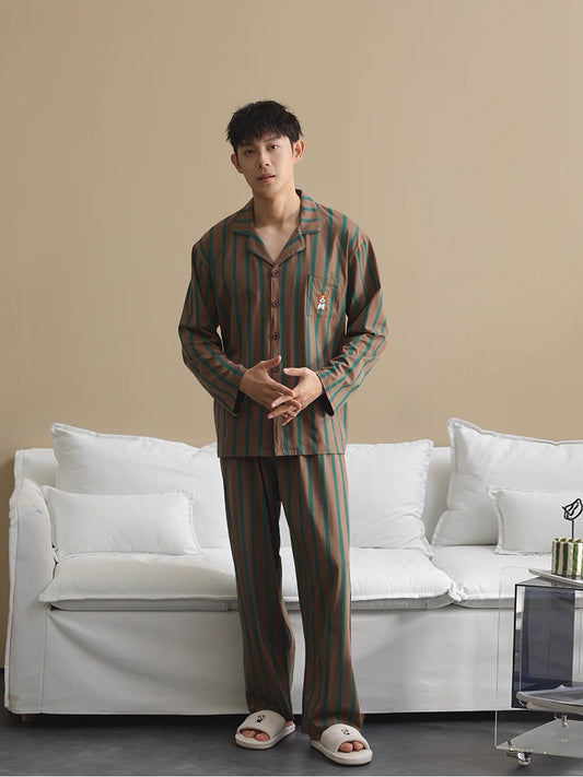 Men’s Cotton Striped Pajamas, 100% Soft Cotton Sleepwear with Puppy Embroidery