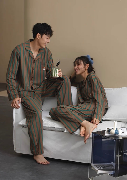 Couple Matching Cotton Pajamas – Soft Striped Sleepwear, Gift Set for Lovers