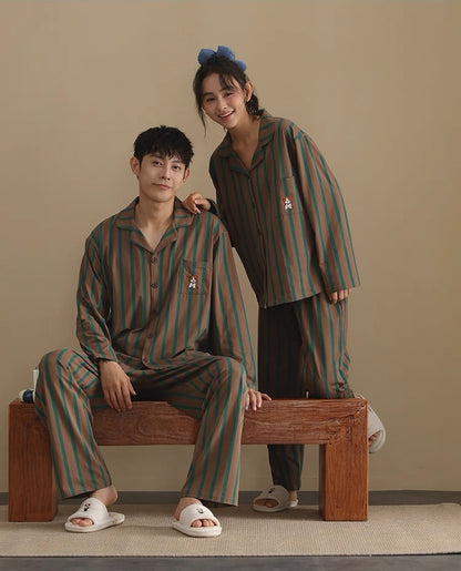 Couple Matching Cotton Pajamas – Soft Striped Sleepwear, Gift Set for Lovers
