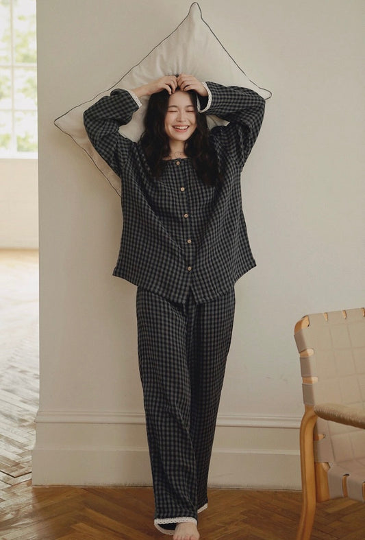 Brushed Cotton Plaid Pajamas Set – Cozy Warm Loungewear for Women, Autumn Winter Sleepwear