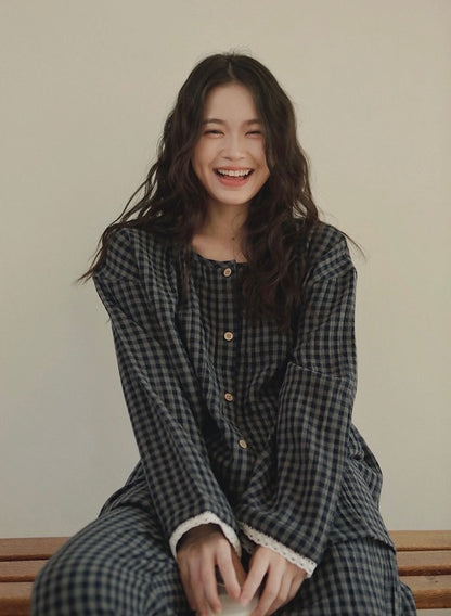 Brushed Cotton Plaid Pajamas Set – Cozy Warm Loungewear for Women, Autumn Winter Sleepwear