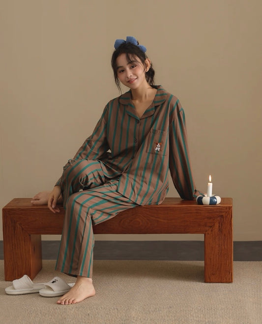Women’s Striped Pajama Set– Soft Sleepwear with Dog Embroidery, Gift-Ready Loungewear