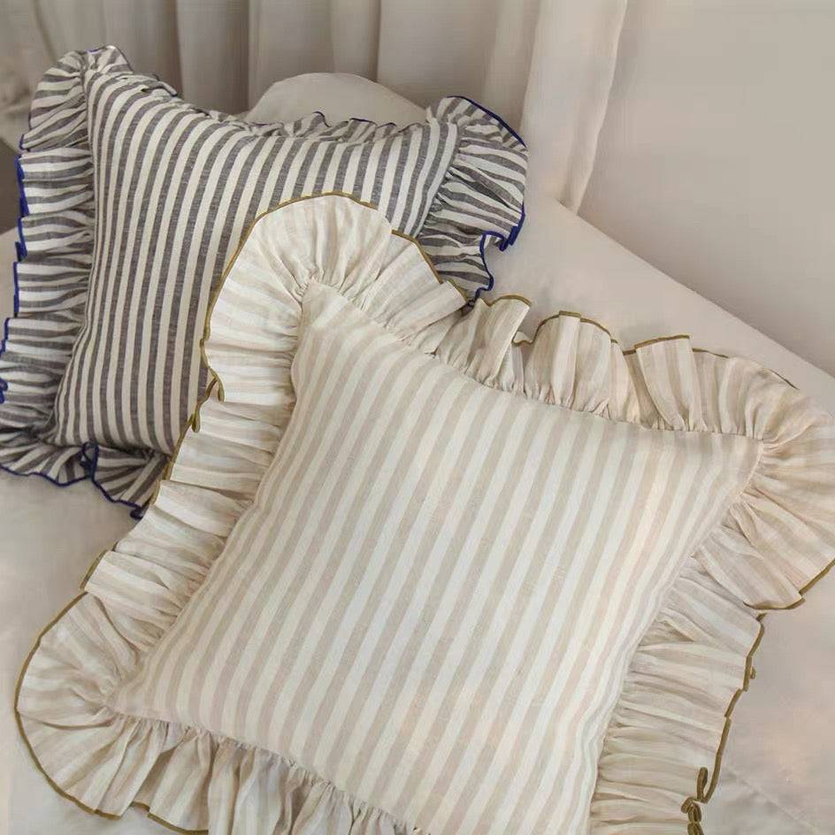 Striped Linen Pillow Cover with Ruffled Edge – Square & Rectangular Sizes from Etcozy