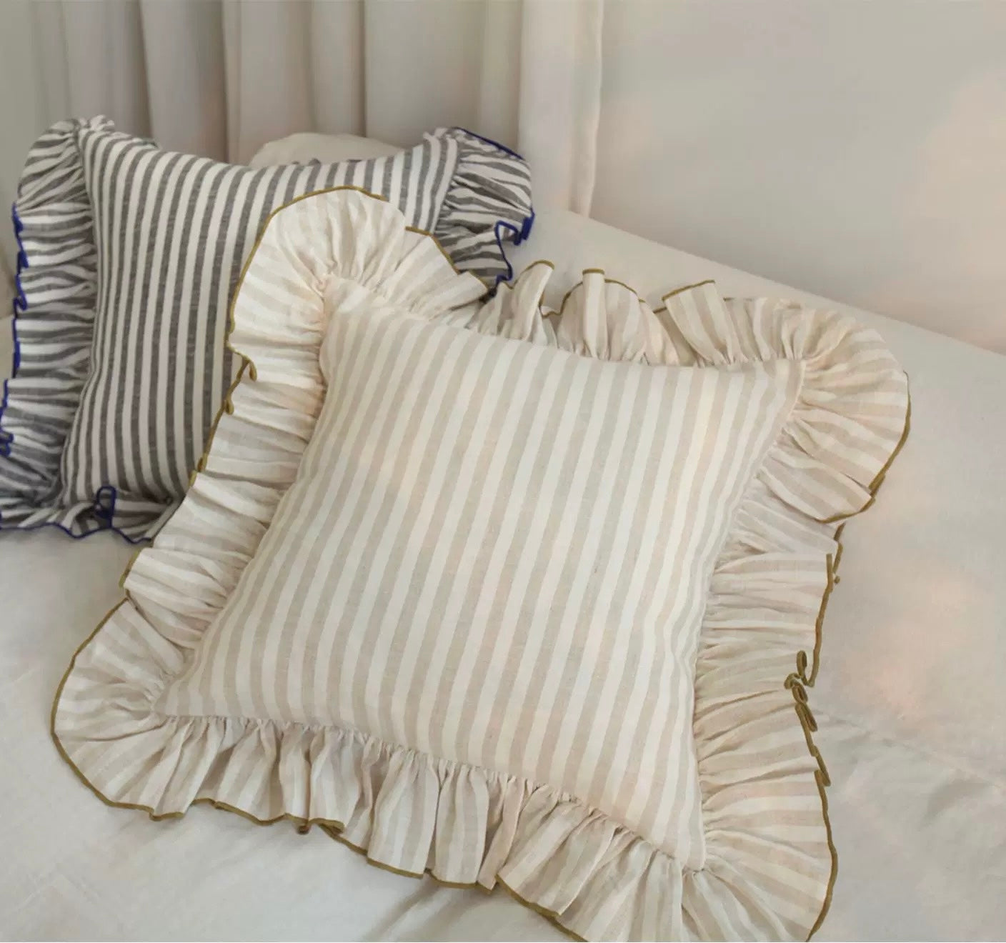 Striped Linen Pillow Cover with Ruffled Edge – Square & Rectangular Sizes detail view 8 from Etcozy