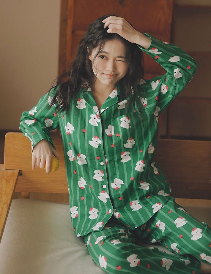 Green Cotton Pajama Set with Apple Dog Print – Cute Long & Short Sleeve Sleepwear