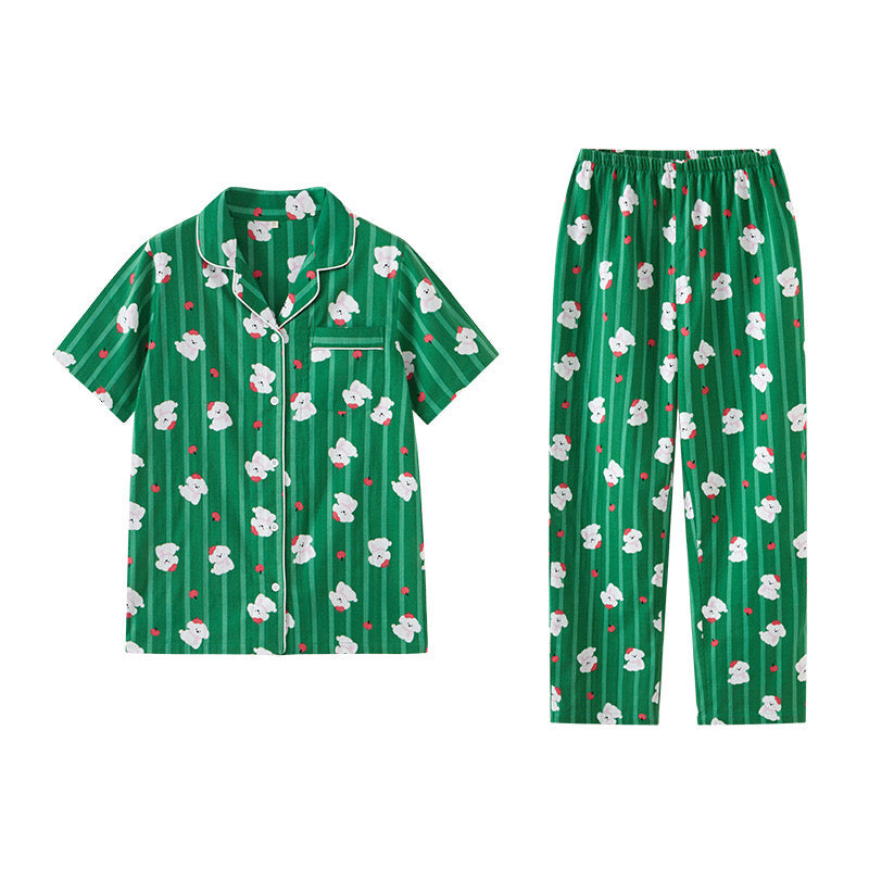 Green Cotton Pajama Set with Apple Dog Print – Cute Long & Short Sleeve Sleepwear