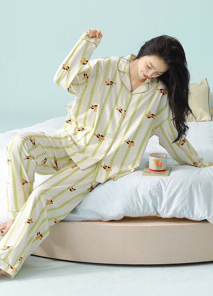 Green Striped Cotton Pajama Set – Cute Puppy Print Long Sleeve Sleepwear for Women