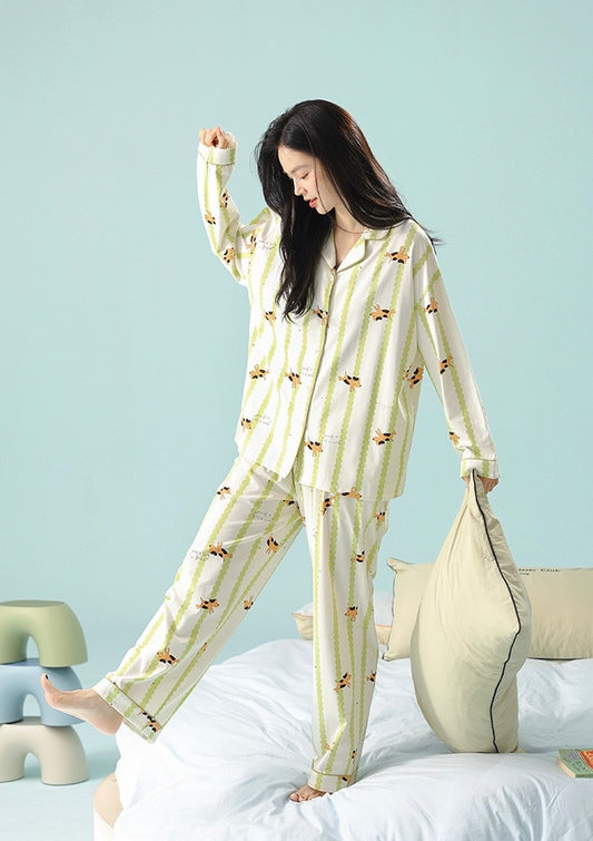 Green Striped Cotton Pajama Set – Cute Puppy Print Long Sleeve Sleepwear for Women