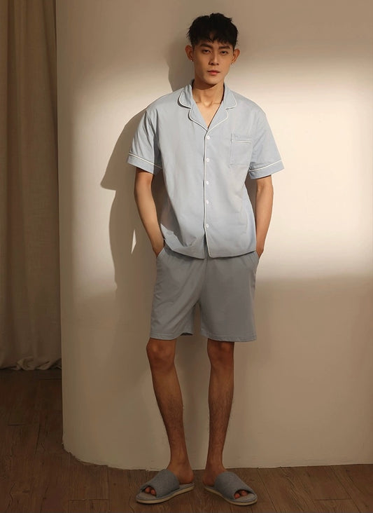 Baby Blue Men's Pajama Set, Pure Cotton PJ with Shirt-Style Top, Pocketed Shorts, Pajamas For trip
