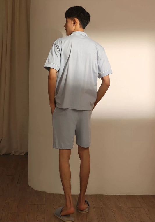 Baby Blue Men's Pajama Set, Pure Cotton Pajama with Shirt-Style Top, Pocketed Shorts detail view 2 from Etcozy