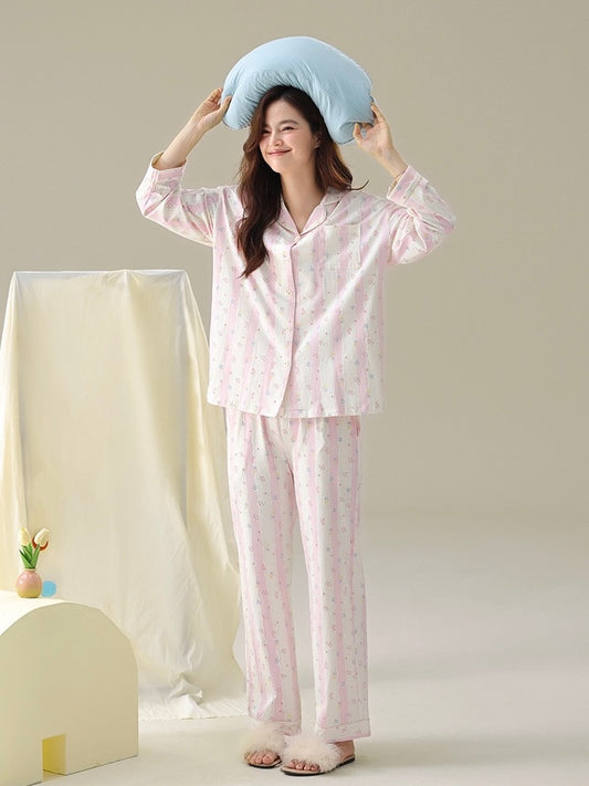 Cotton Pajamas Set – Pink Floral Women’s Loungewear, Cozy Spring Sleepwear