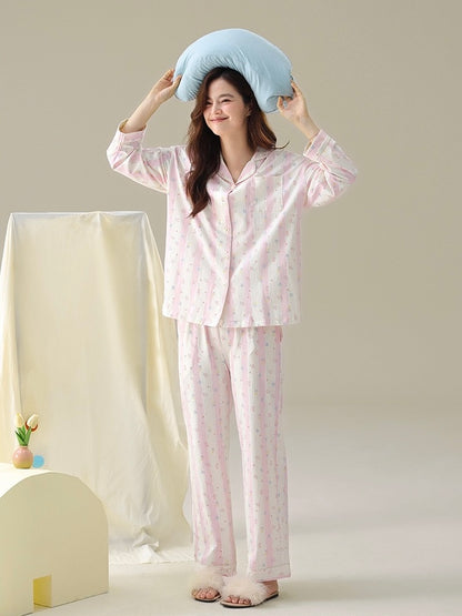Cotton Pajamas Set – Pink Floral Women’s Loungewear, Cozy Spring Sleepwear