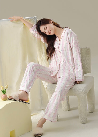 Cotton Pajamas Set – Pink Floral Women’s Loungewear, Cozy Spring Sleepwear