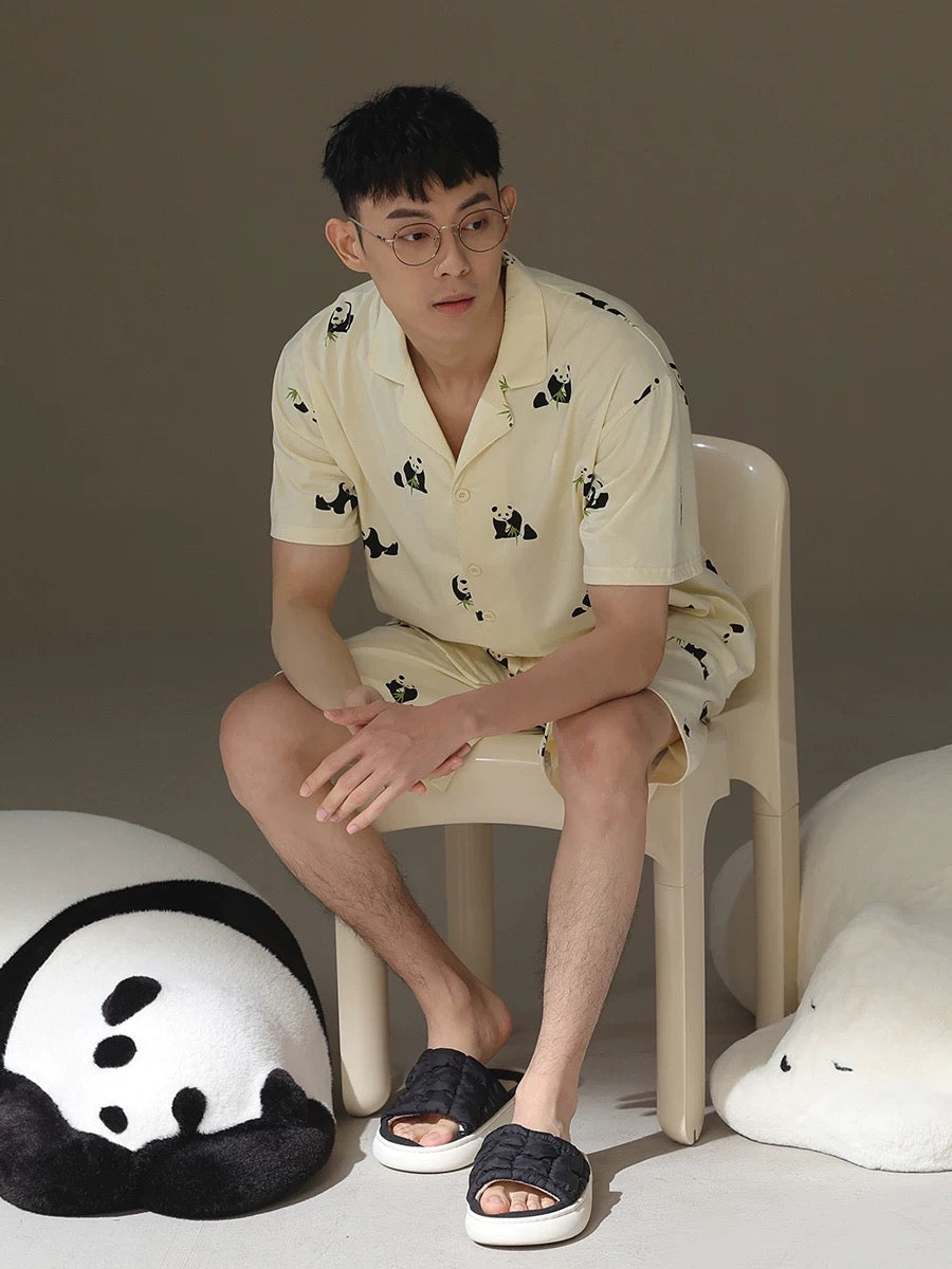 Silly Panda Print Men's Shorts Pajama Set, Pure Cotton PJS, Button-up Shirts and Pocketed Shorts, Pajamas For trip