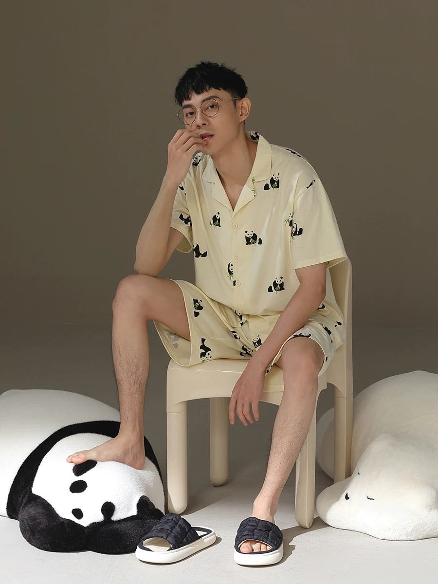 Silly Panda Print Men's Shorts Pajama Set, Pure Cotton PJS, Button-up Shirts and Pocketed Shorts, Pajamas For trip