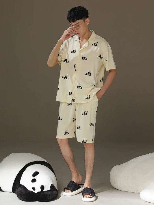 Silly Panda Print Men's Shorts Pajama Set, Pure Cotton PJS, Button-up Shirts and Pocketed Shorts, Pajamas For trip
