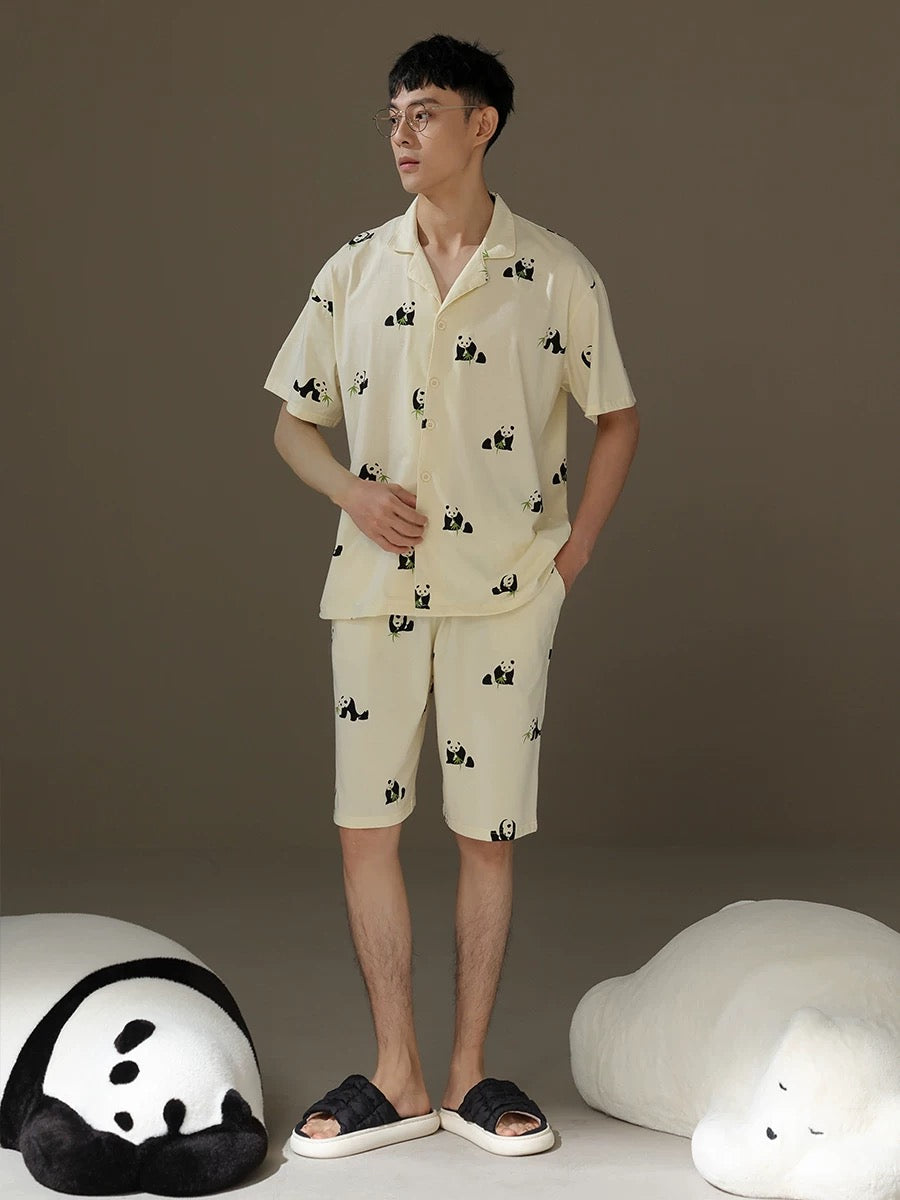 Silly Panda Print Men's Shorts Pajama Set, Pure Cotton PJS, Button-up Shirts and Pocketed Shorts, Pajamas For trip