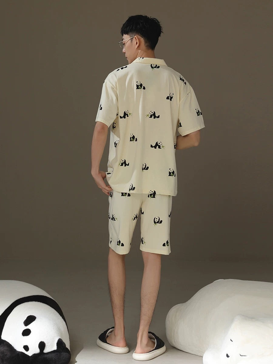 Silly Panda Print Men's Shorts Pajama Set, Pure Cotton PJS, Button-up Shirts and Pocketed Shorts, Pajamas For trip