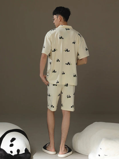 Silly Panda Print Men's Shorts Pajama Set, Pure Cotton PJS, Button-up Shirts and Pocketed Shorts, Pajamas For trip