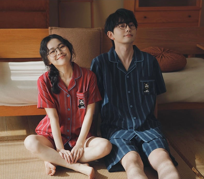 Couple Cotton Pajamas Set – Summer Short Sleeve Striped Sleepwear Gift