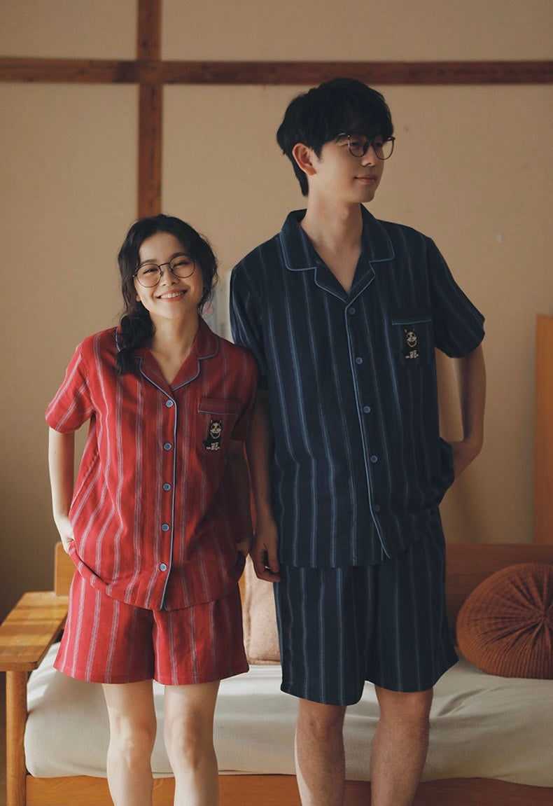 Couple Cotton Pajamas Set – Summer Short Sleeve Striped Sleepwear Gift