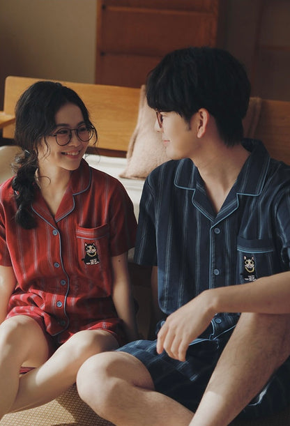 Couple Cotton Pajamas Set – Summer Short Sleeve Striped Sleepwear Gift