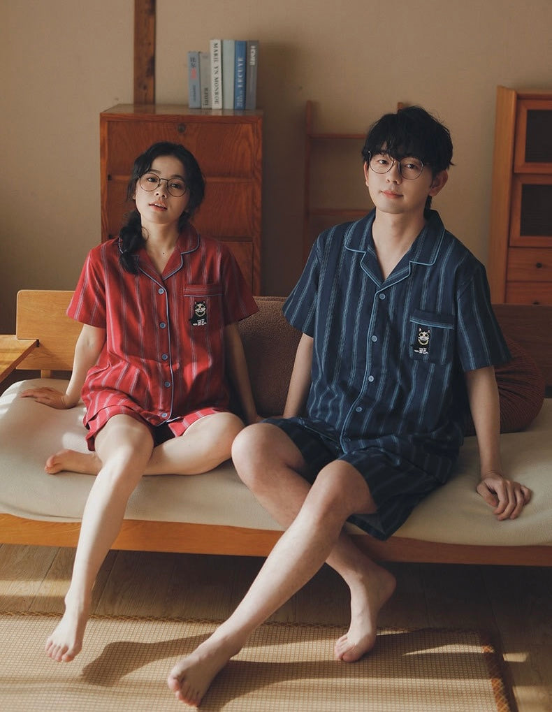 Couple Cotton Pajamas Set – Summer Short Sleeve Striped Sleepwear Gift