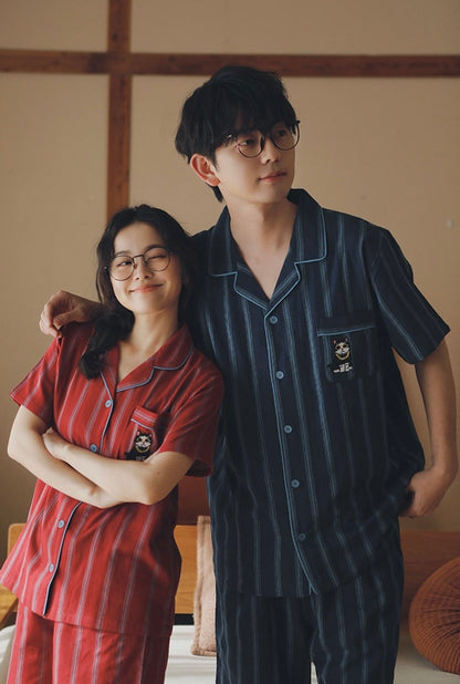 Couple Cotton Pajamas Set – Summer Short Sleeve Striped Sleepwear Gift