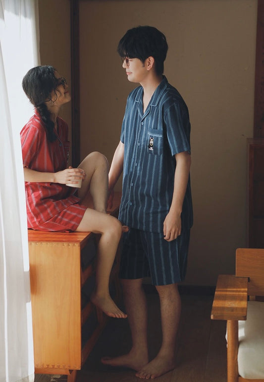 Couple Cotton Pajamas Set – Summer Short Sleeve Striped Sleepwear Gift