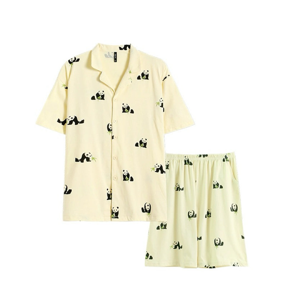 Silly Panda Print Men's Shorts Pajama Set, Pure Cotton PJS, Button-up Shirts and Pocketed Shorts, Pajamas For trip