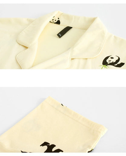 Silly Panda Print Men's Shorts Pajama Set, Pure Cotton PJS, Button-up Shirts and Pocketed Shorts, Pajamas For trip