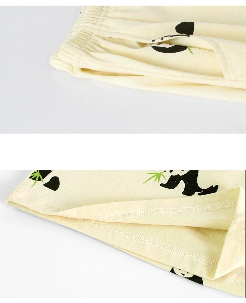 Silly Panda Print Men's Shorts Pajama Set, Pure Cotton PJS, Button-up Shirts and Pocketed Shorts, Pajamas For trip
