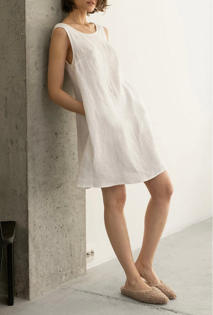 Handmade 100% Linen White Summer Dress – Minimalist Sleeveless A-Line