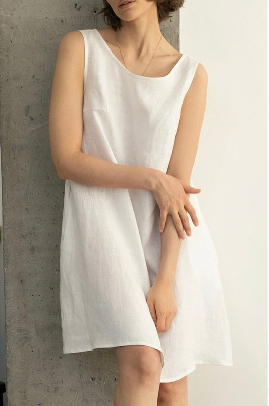 Handmade 100% Linen White Summer Dress – Minimalist Sleeveless A-Line