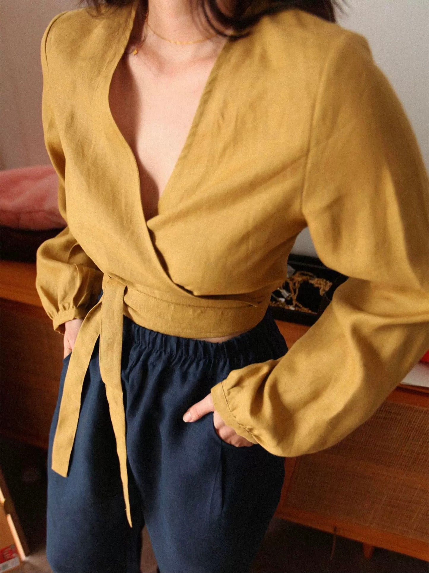 Handmade Linen Wrap Blouse | Natural Long Sleeve V-Neck Shirt