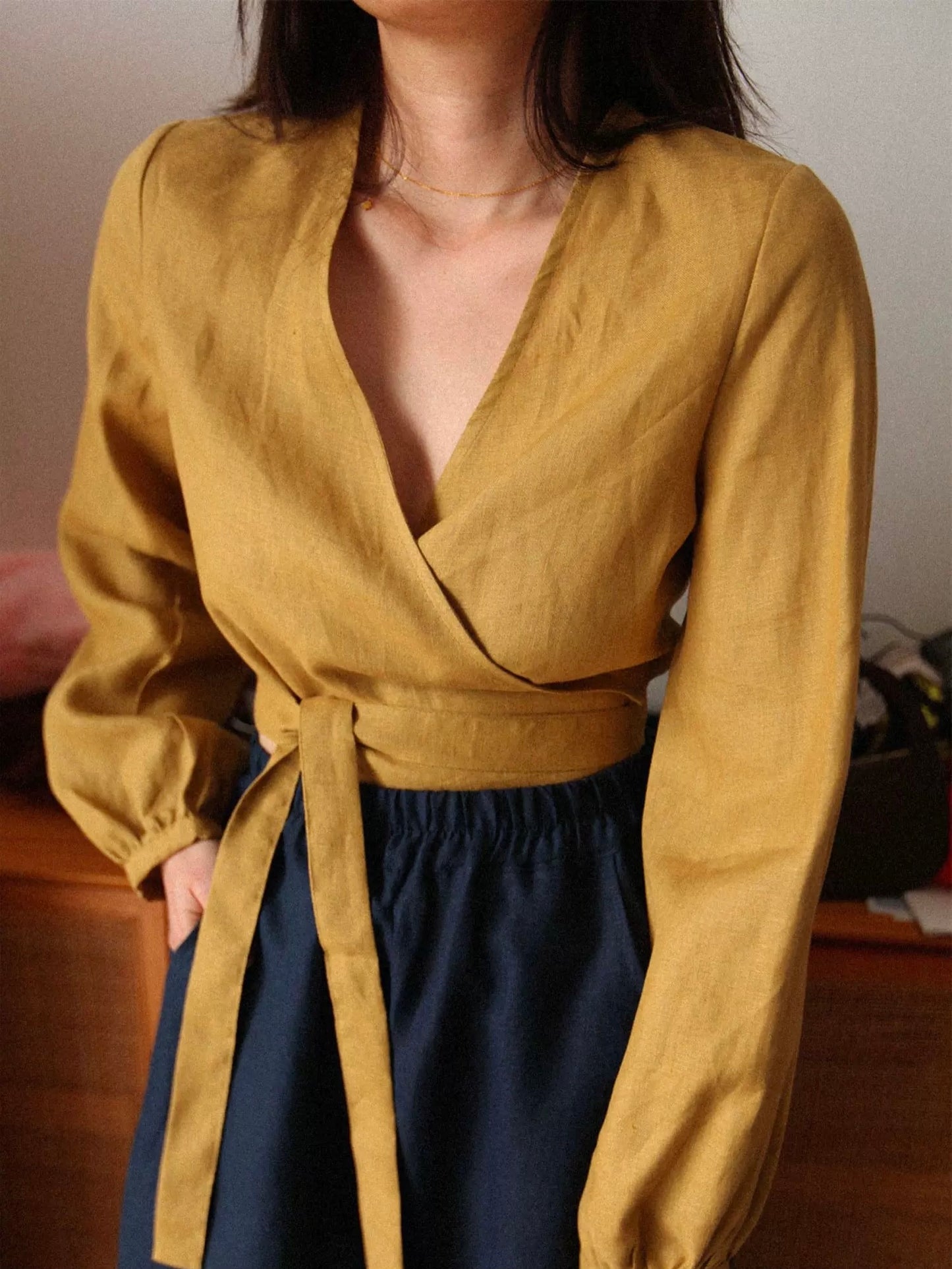 Custom Linen Wrap Blouse – Long Sleeve V-Neck, Made to Order