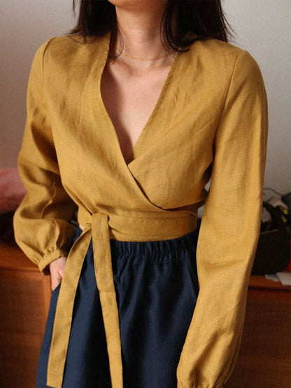 Custom Linen Wrap Blouse – Long Sleeve V-Neck, Made to Order