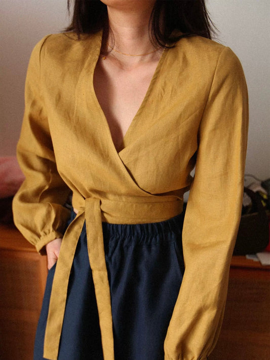 Handmade Linen Wrap Blouse | Natural Long Sleeve V-Neck Shirt