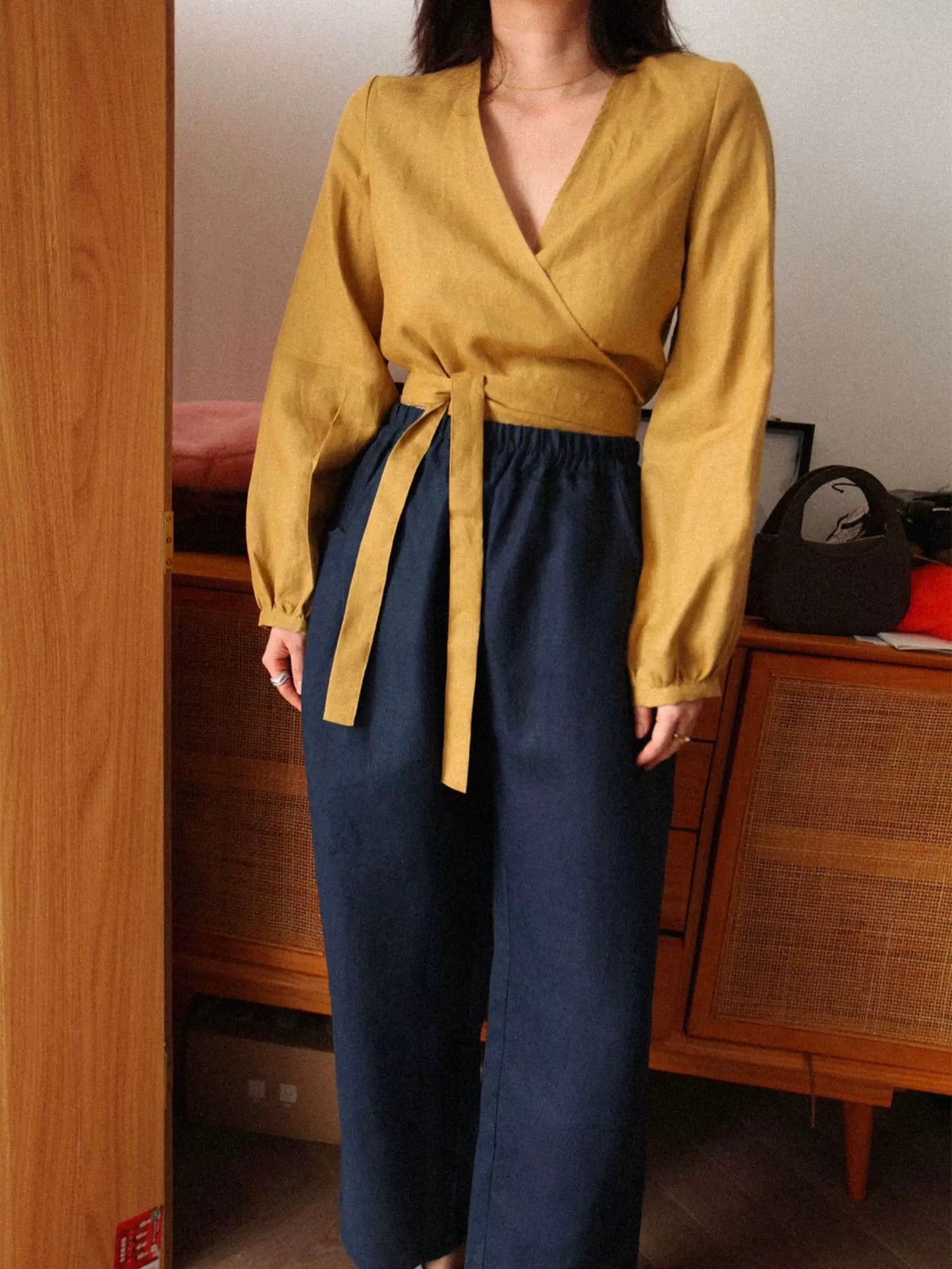 Handmade Linen Wrap Blouse | Natural Long Sleeve V-Neck Shirt