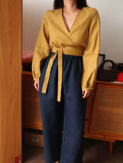 Handmade Linen Wrap Blouse | Natural Long Sleeve V-Neck Shirt