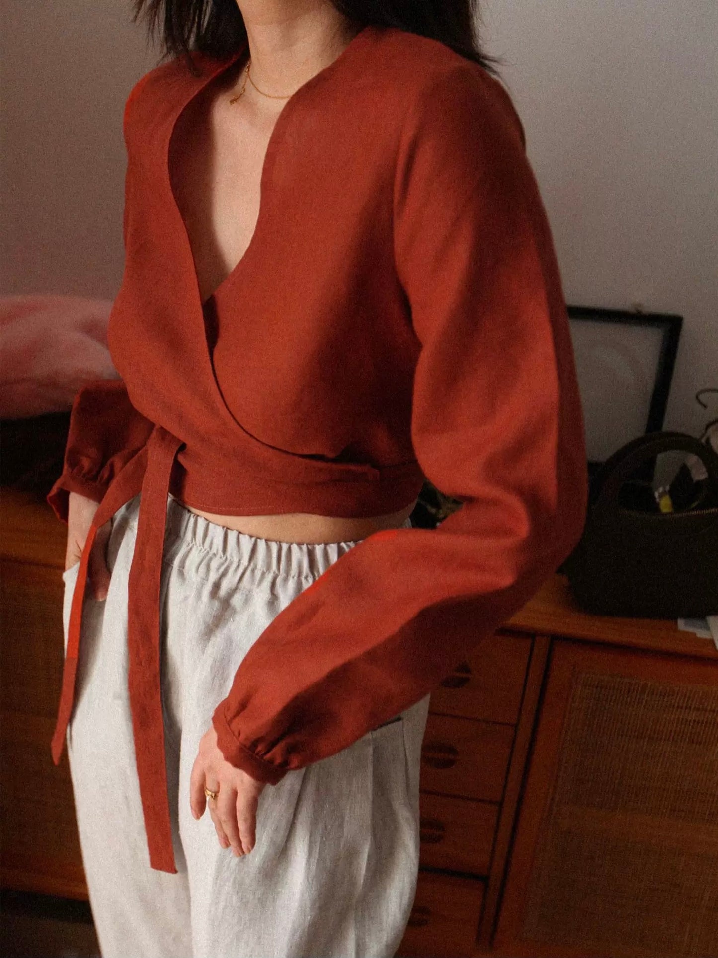 Custom Linen Wrap Blouse – Long Sleeve V-Neck, Made to Order