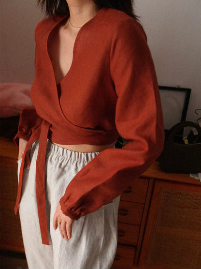 Custom Linen Wrap Blouse – Long Sleeve V-Neck, Made to Order