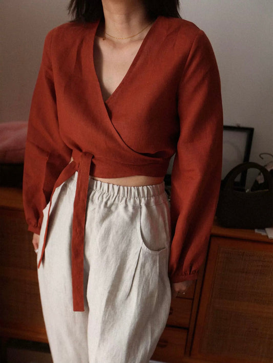Custom Linen Wrap Blouse – Long Sleeve V-Neck, Made to Order