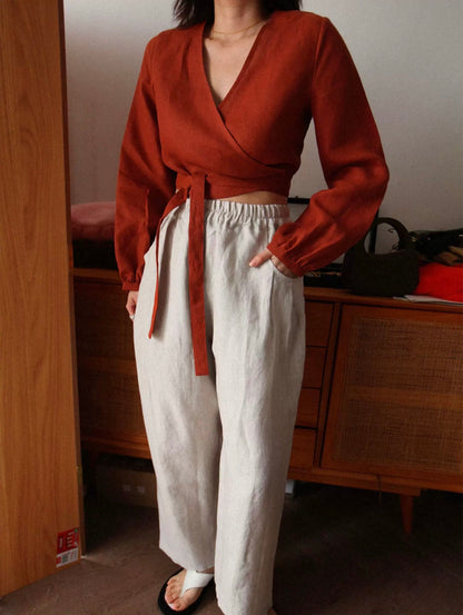 Custom Linen Wrap Blouse – Long Sleeve V-Neck, Made to Order