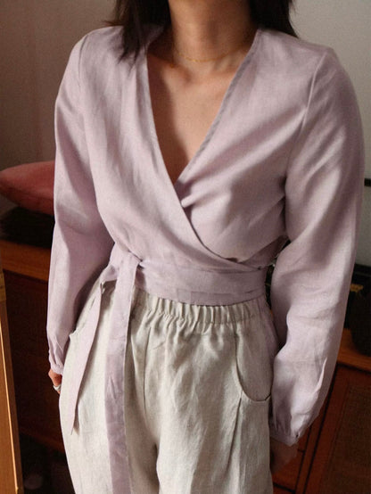 Custom Linen Wrap Blouse – Long Sleeve V-Neck, Made to Order