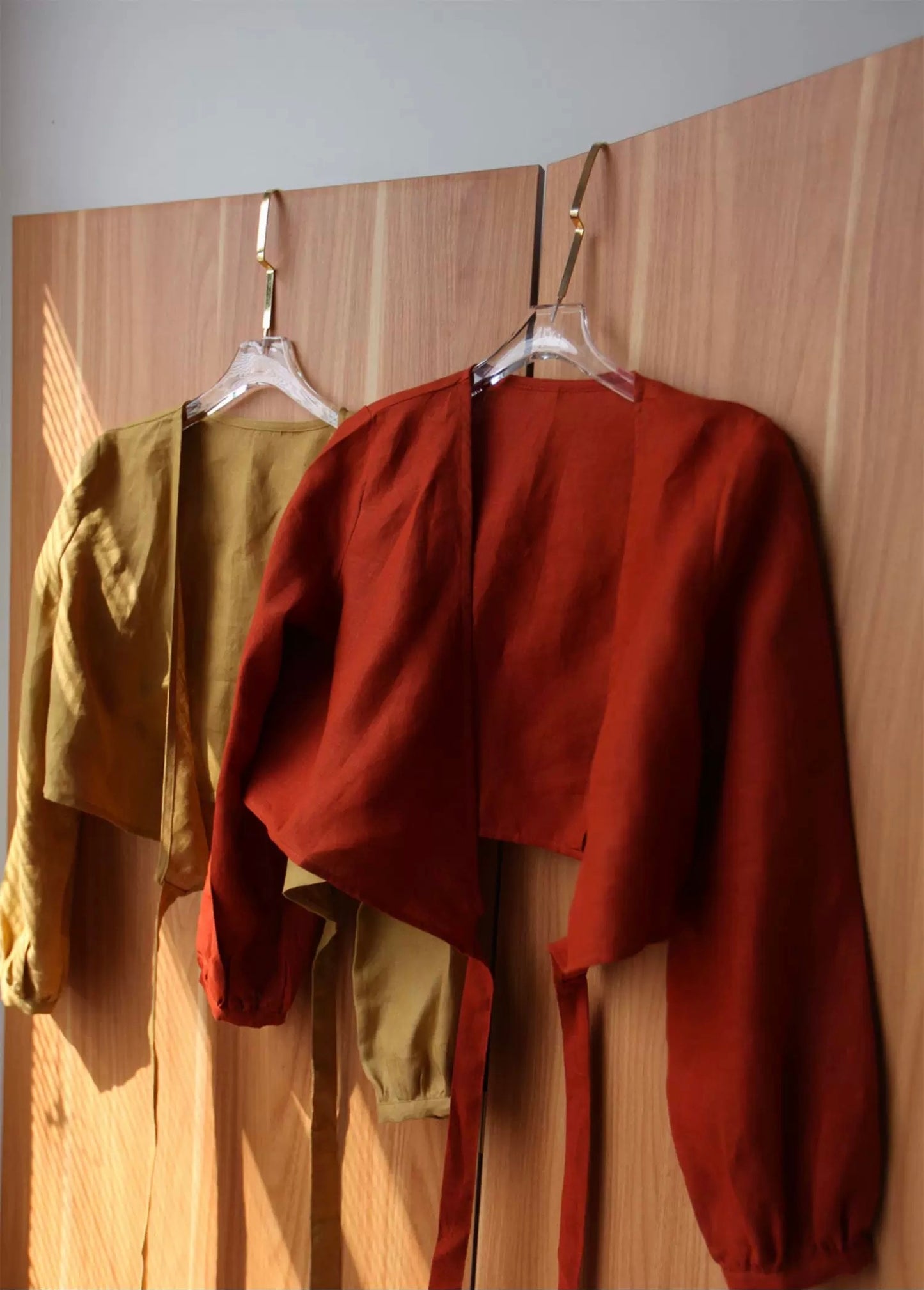 Custom Linen Wrap Blouse – Long Sleeve V-Neck, Made to Order